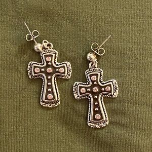 Silver Tone Cross Earrings